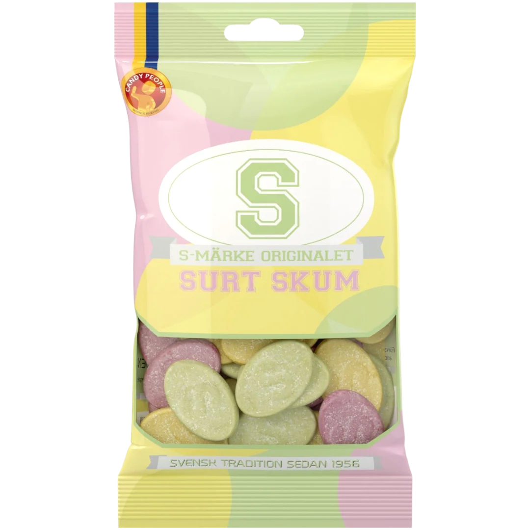 S-Märke Surt Skum (Sour Foam Ovals) Peg Bag (Sweden) - 2.47oz (70g)